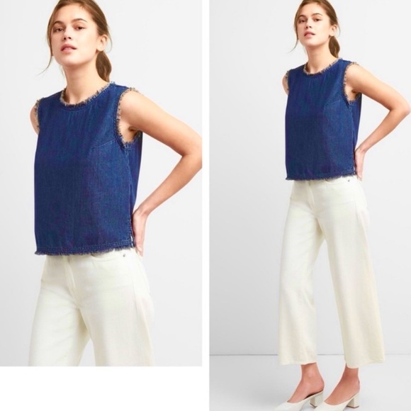GAP Crop Denim Top with Raw Edge Sleeve, Hem & Zipper Back in Dark Wash — S - Picture 2 of 12